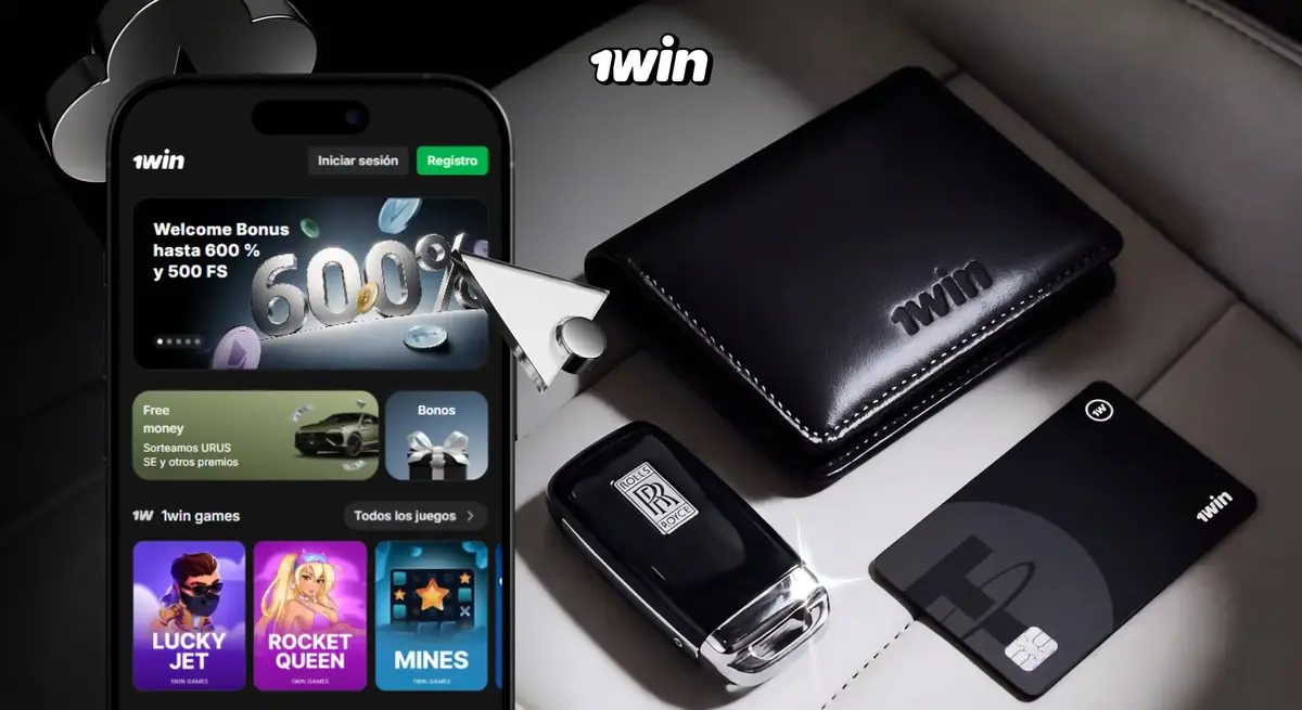 Celular con el bono cripto de 1win junto a una billetera, una tarjeta y llaves de auto